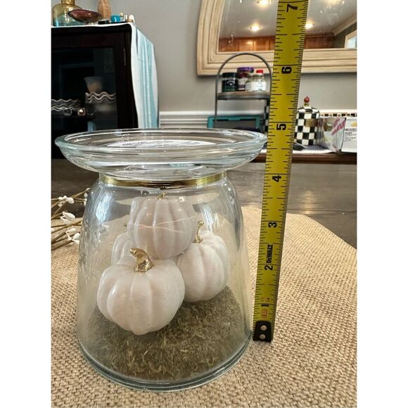 Bath & Body Works White Pumpkins Enclosed in Glass Pedestal 3 Wick Candle Holder - Picture 5 of 6